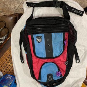 Crocs Laptop Backpack. Pink/Blue/Black Canvas with Multiple Pockets. (45)